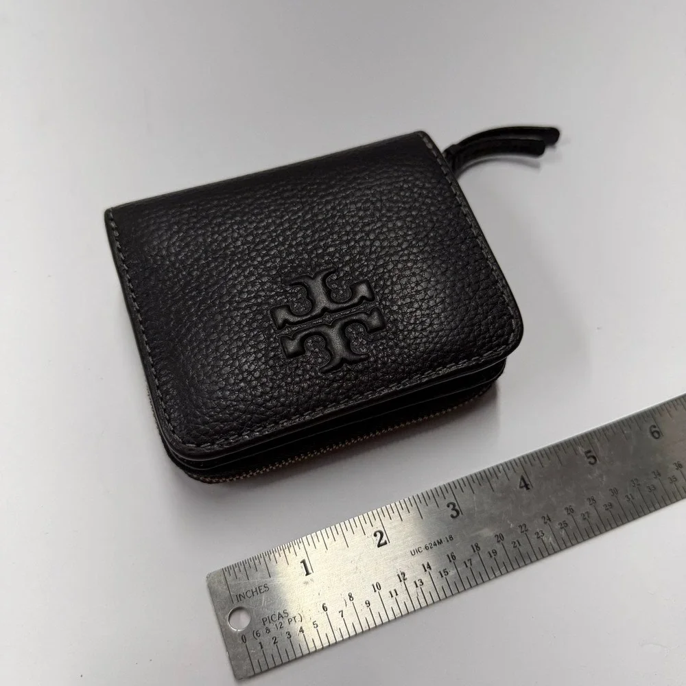 Tory Burch McGraw Bi-Fold Wallet Black Pebbled Leather Double T Logo Mini Wallet